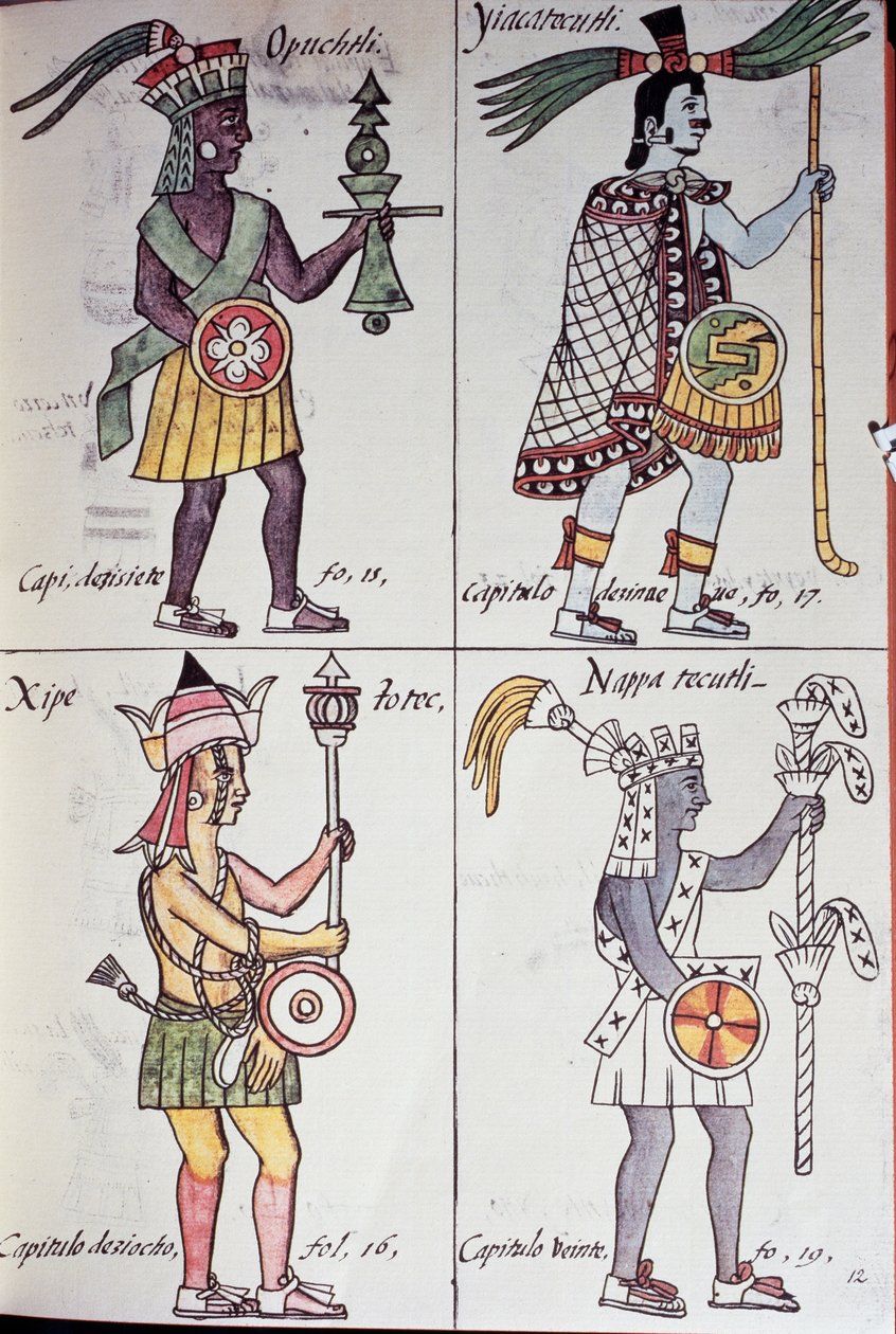 Opochtli و Xipe Totec و Yacatecuhtli و Nappatecutli ، صفحة من المخطوطة الفلورنسية ، نسخة باللغة الإسبانية وناهواتل ، التاريخ العام لأشياء إسبانيا الجديدة (هيستوريا جنرال دي لاس كوساس دي نويفا إسبانا) ، أزتيك بواسطة فنان غير معروف