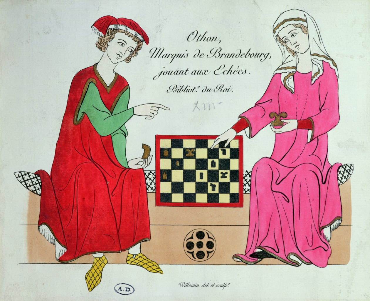 Otto IV, Marquis of Brandenburg, playing chess with a lady, illustration from a facsimile of the Manesse Codex or Grosse Heidelberger Liederhandschrift, made in Zuerich c.1305-40 (colour litho) بواسطة غير معروف