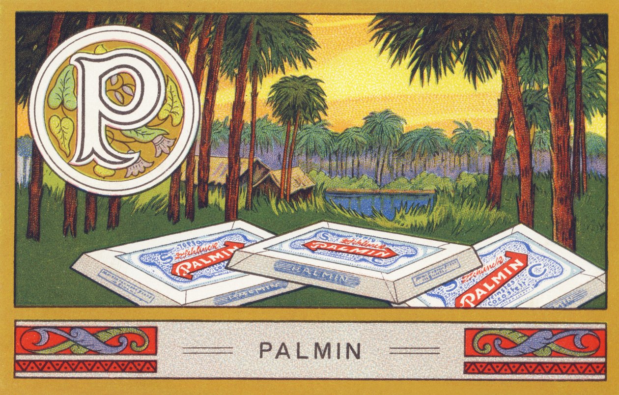 P: Palmin - Palmin الأبجدية. سلسلة من المطبوعات الحجرية الملونة التي نشرتها شركة H. Schlinck & Cie ، Hamburg، sd. إعلان عن Palmin Feintes Cocosfett. الأبعاد: ٧ × ١١ سم بواسطة فنان غير معروف