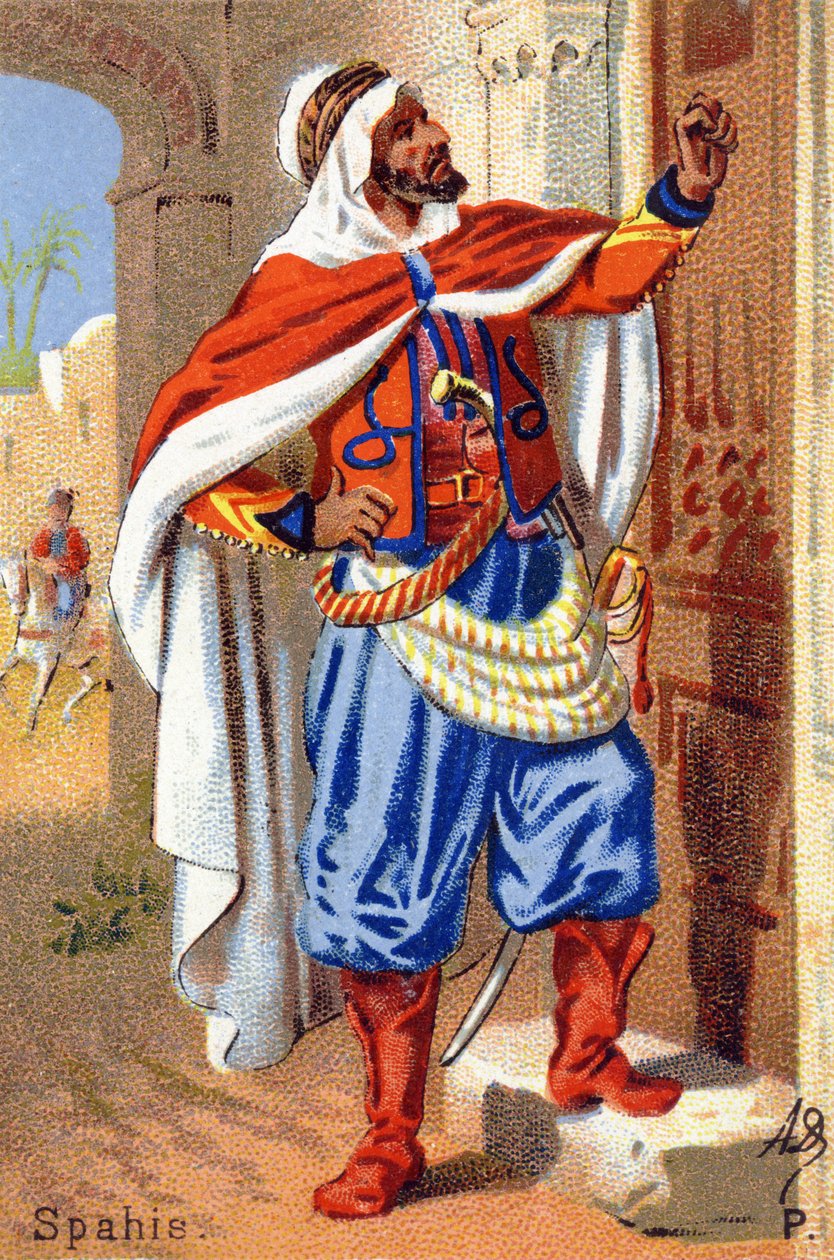 P: Spahis. نقش في "الأبجدية العسكرية". الأحرف الأولى من Illustrator: A. D. ناشر غير معروف. الطباعة الحجرية الملونة أواخر القرن التاسع عشر. خافت: 10،5 × 7 سم. بواسطة غير معروف
