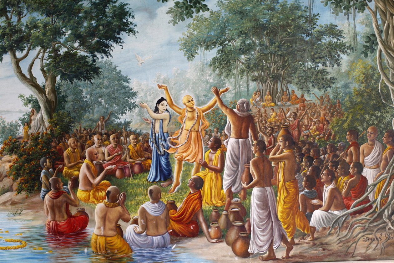 لوحة في Bhaktivedanta Manor تصور اللورد Caitanya واللورد Nityananda وأتباعهم على ضفاف نهر الغانج. بواسطة غير معروف