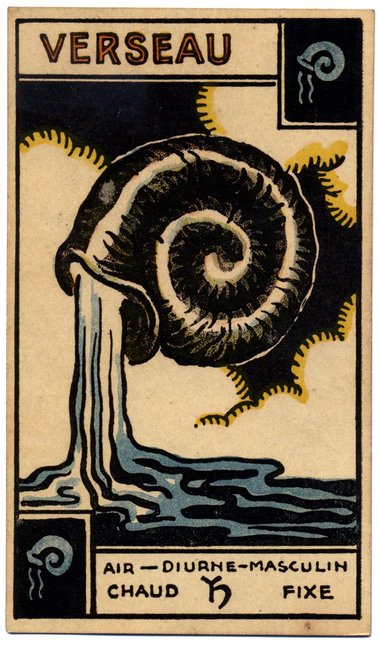 خوارق. علم التنجيم. الدلو (حامل الماء). بطاقة التنجيم من: Le Tarot Astrologique (Astrological Tarot) لجورج ماتشيري ، فرنسا بواسطة فنان غير معروف