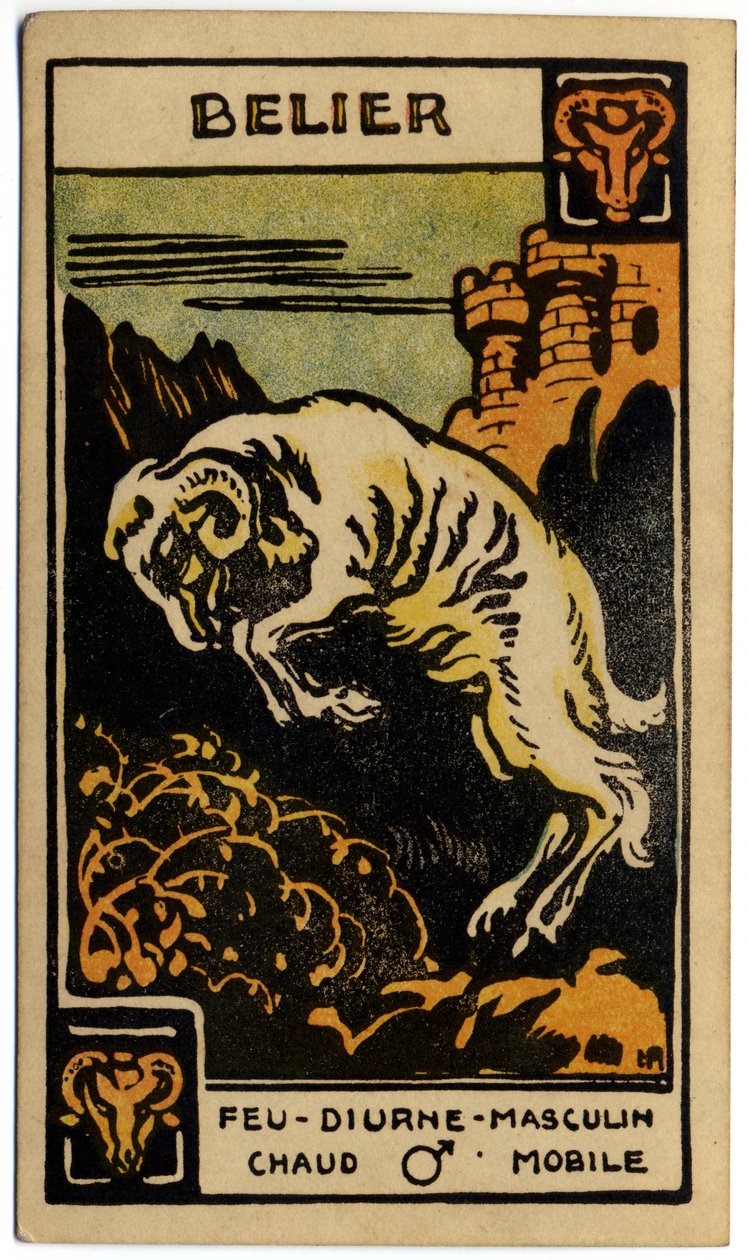 خوارق. علم التنجيم. برج الحمل (الرام). بطاقة فلكية من: Le Tarot Astrologique (Astrological Tarot) لجورج ماتشيري ، فرنسا بواسطة فنان غير معروف