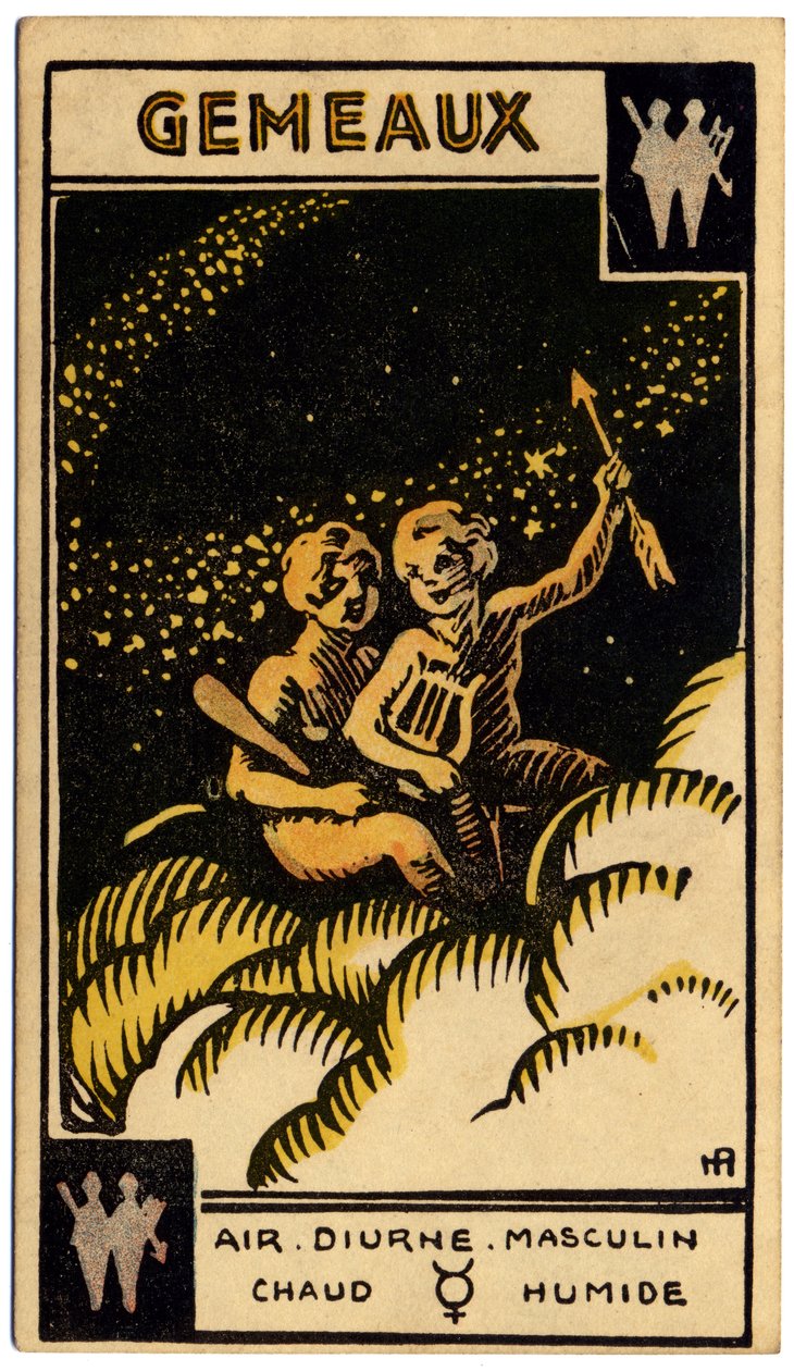 خوارق. علم التنجيم. الجوزاء (التوائم). بطاقة فلكية من: Le Tarot Astrologique (Astrological Tarot) لجورج ماتشيري ، فرنسا بواسطة فنان غير معروف