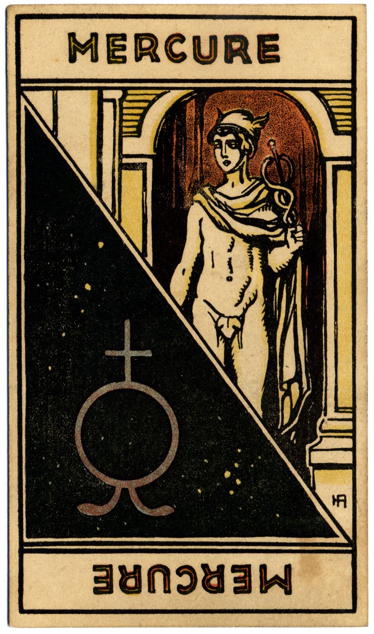 خوارق. علم التنجيم. كوكب عطارد). بطاقة التنجيم من: Le Tarot Astrologique (Astrological Tarot) لجورج ماتشيري ، فرنسا بواسطة فنان غير معروف