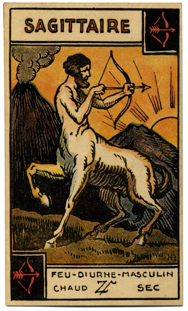 خوارق. علم التنجيم. القوس (آرتشر). بطاقة فلكية من: Le Tarot Astrologique (Astrological Tarot) لجورج ماتشيري ، فرنسا بواسطة فنان غير معروف
