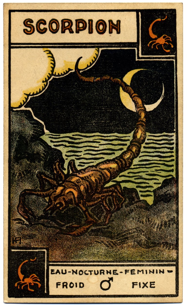 خوارق. علم التنجيم. العقرب (العقرب). بطاقة فلكية من: Le Tarot Astrologique (Astrological Tarot) لجورج ماتشيري ، فرنسا بواسطة فنان غير معروف
