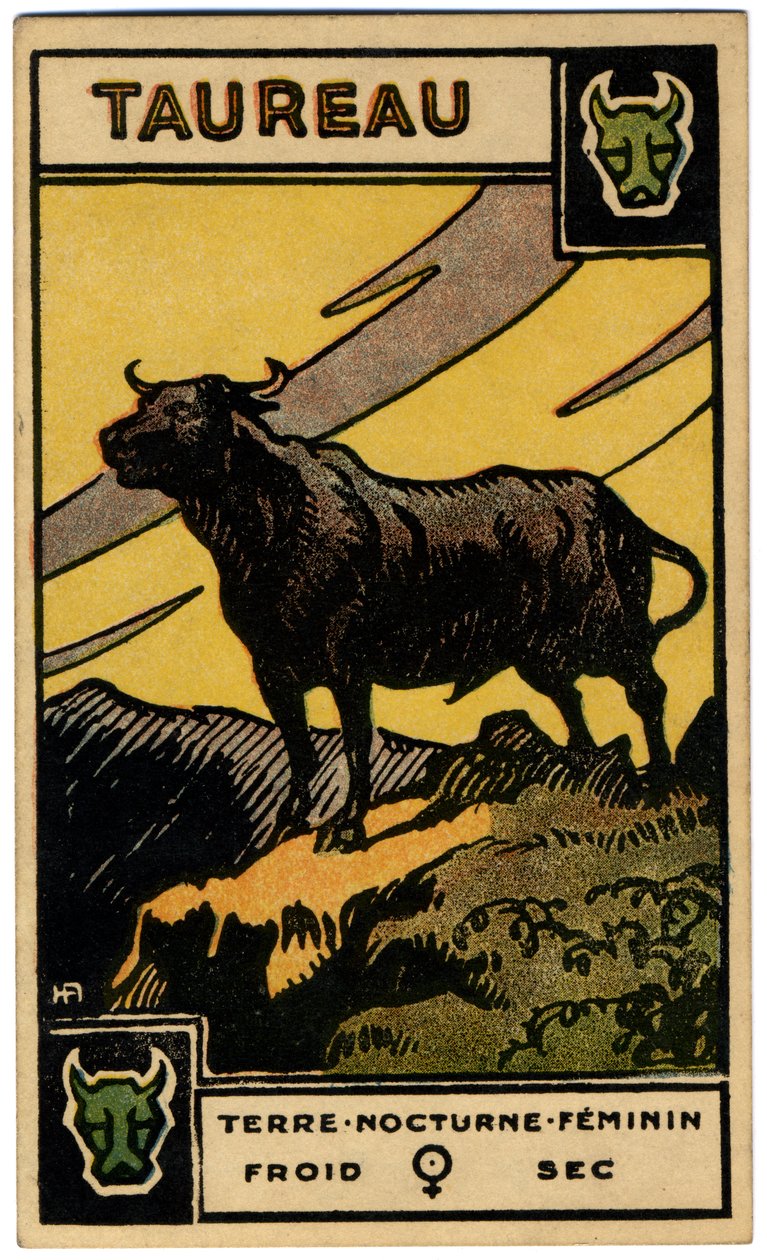 خوارق. علم التنجيم. الثور (الثور). بطاقة فلكية من: Le Tarot Astrologique (Astrological Tarot) لجورج ماتشيري ، فرنسا بواسطة فنان غير معروف