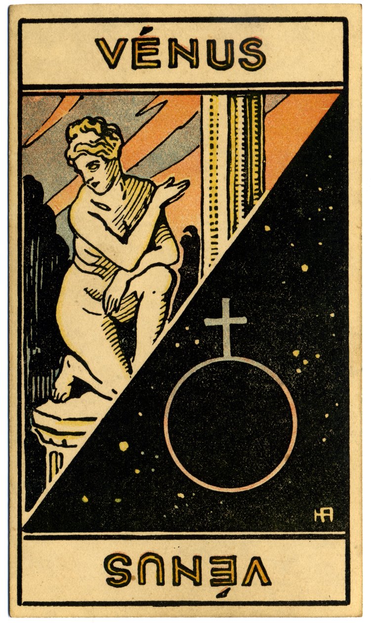 خوارق. علم التنجيم. كوكب الزهرة. بطاقة التنجيم من: Le Tarot Astrologique (Astrological Tarot) لجورج ماتشيري ، فرنسا بواسطة فنان غير معروف