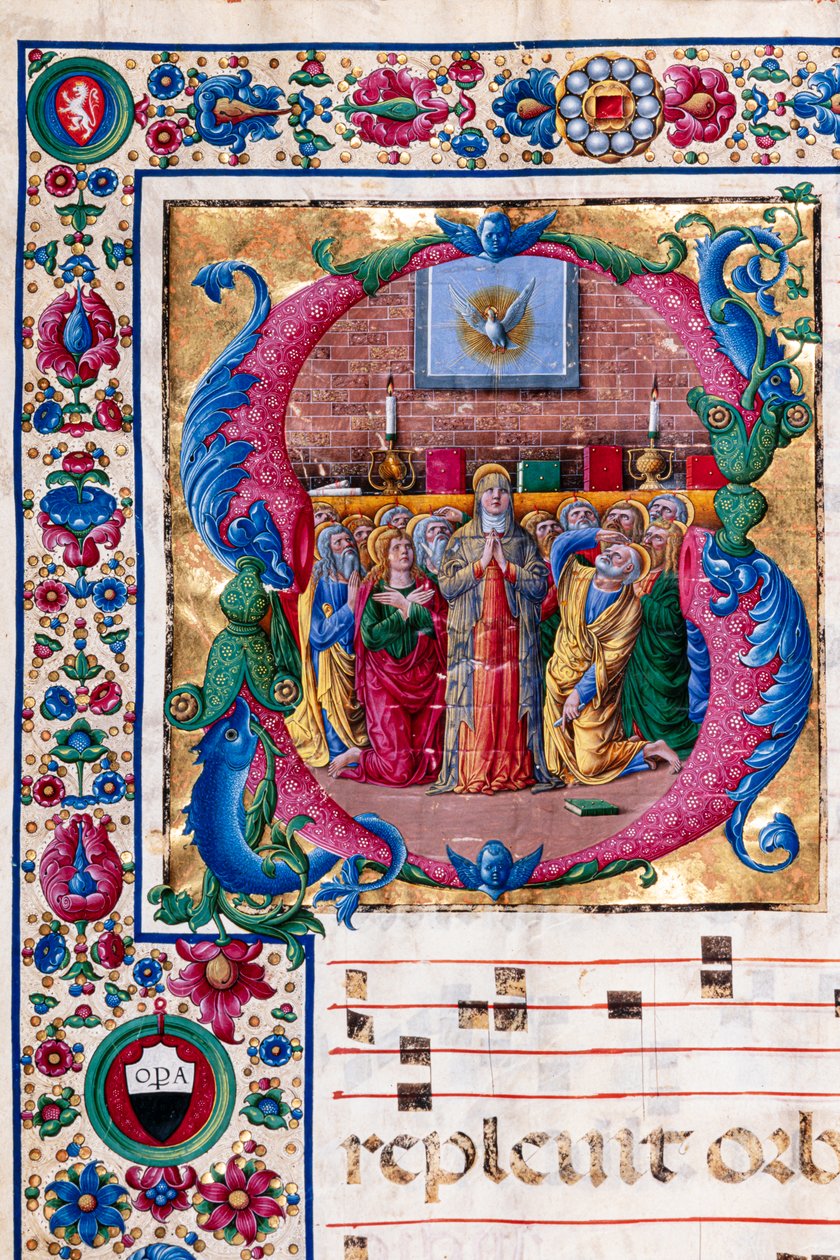 مكتبة Piccolomini: كتاب جوقة ، سمك القد. 23.8 ، صص. 100V مع "عيد العنصرة" ، بقلم جيرولامو دا كريمونا. التفاصيل. بواسطة فنان غير معروف
