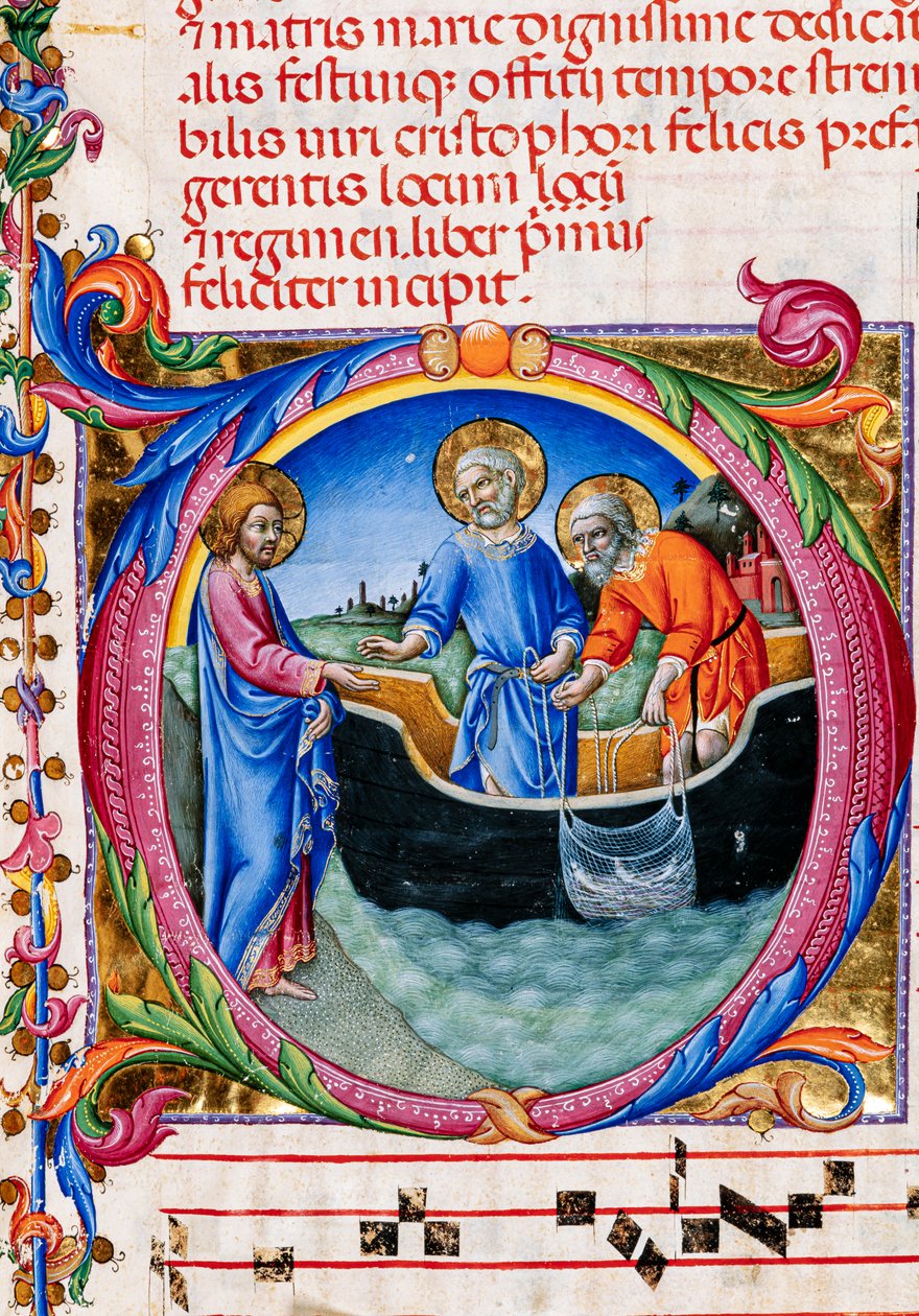 مكتبة Piccolomini: كتاب جوقة ، سمك القد. 27.11 ، صص. 1 و "دعوة القديس بطرس والقديس أندراوس" لسانو دي بيترو. التفاصيل. بواسطة فنان غير معروف