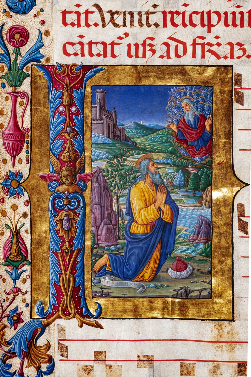مكتبة Piccolomini: كتاب الكورال ، سمك القد. 7.G ، وما يليها. 40V مع "رؤية إرميا" ، بقلم غيدوتشيو كوزاريللي. التفاصيل. بواسطة فنان غير معروف