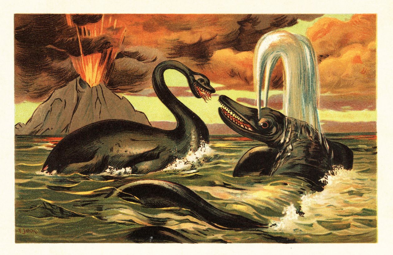 Plesiosaurus و Ichthyosaurus يقاتلان أمام ثوران عام 1908 (الطباعة الحجرية) بواسطة فنان غير معروف