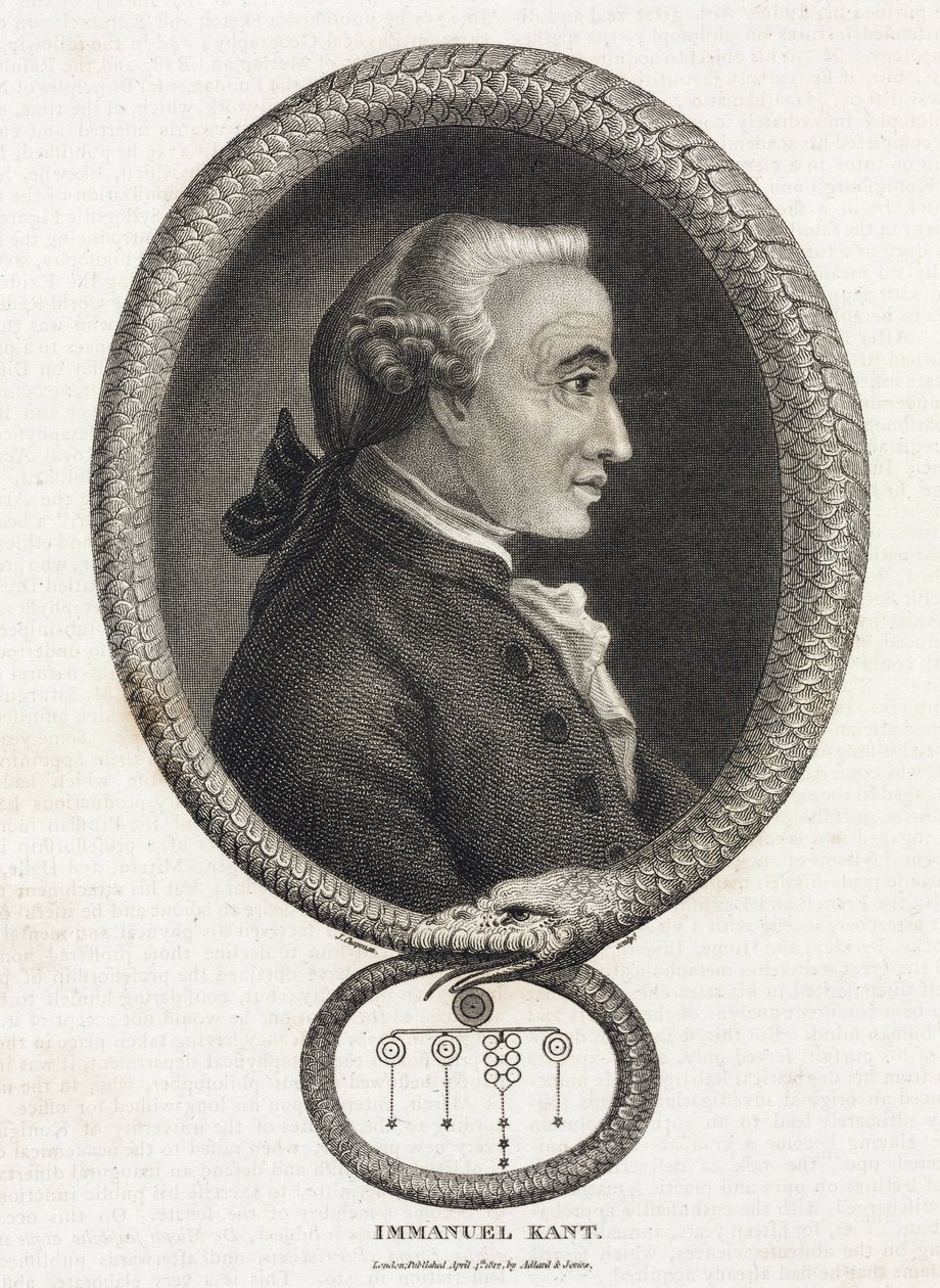 صورة للفيلسوف إيمانويل كانط (1724-1804) ، في إطار شكله ثعبان يعض ذيله بواسطة غير معروف