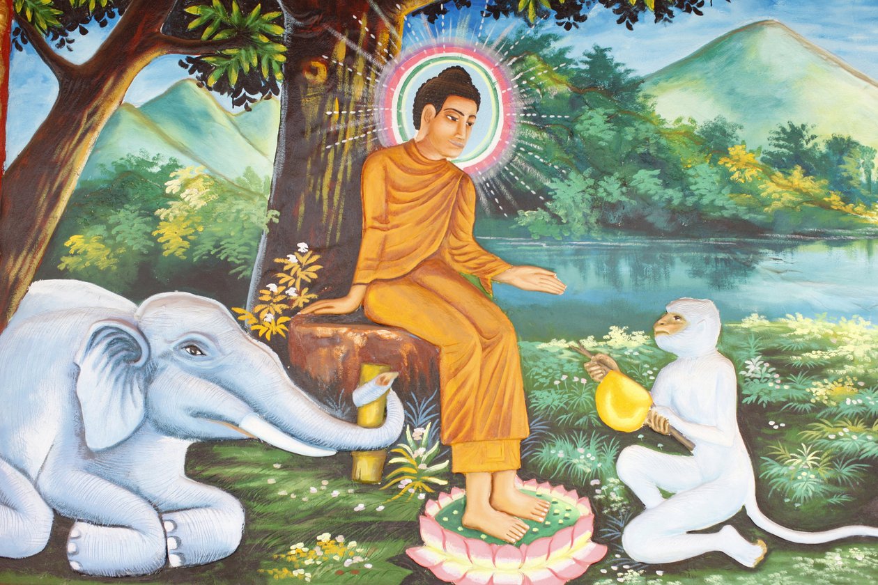 Preah Prom Rath MonasteryLife of the BuddhaSiddhartha Gautama with the devoted elephant and monkey, Siem Reap, Cambodia بواسطة غير معروف