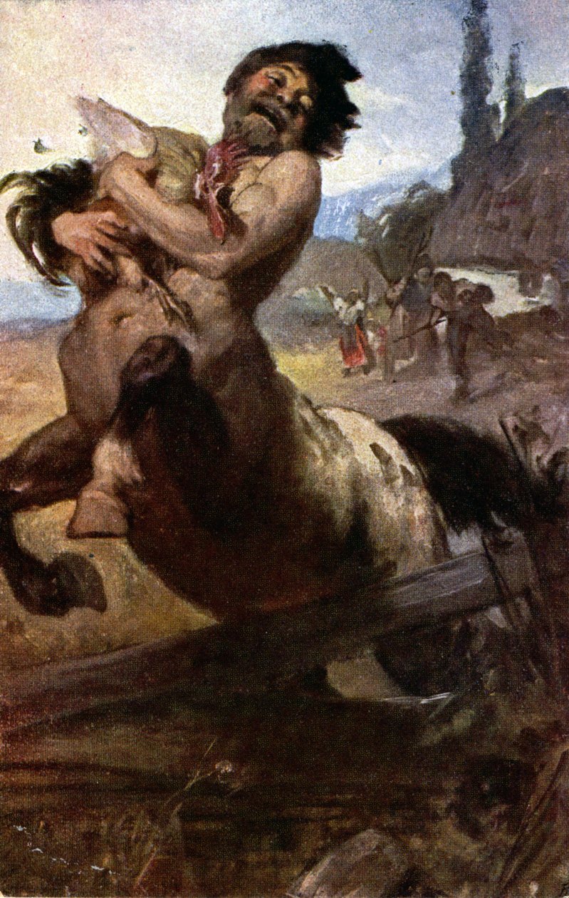دِين. الأساطير اليونانية. القنطور اللص. توضيح بواسطة جيولا بنشور ، المجر ، حوالي عام 1910. جزء. (بطاقة بريدية) بواسطة فنان غير معروف