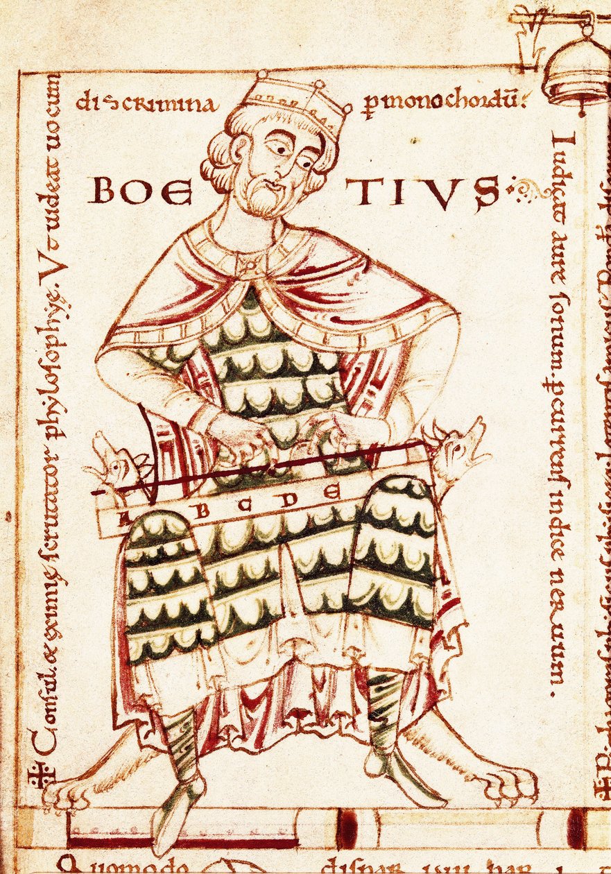 تمثيل الفلاسفة اللاتينيين Boecc (أو Boethius Consolation of Philosophy) (480-524) ممسكًا بآلة موسيقية (دراسة موسيقية). مصغرة من مخطوطة كانتربري. بواسطة غير معروف