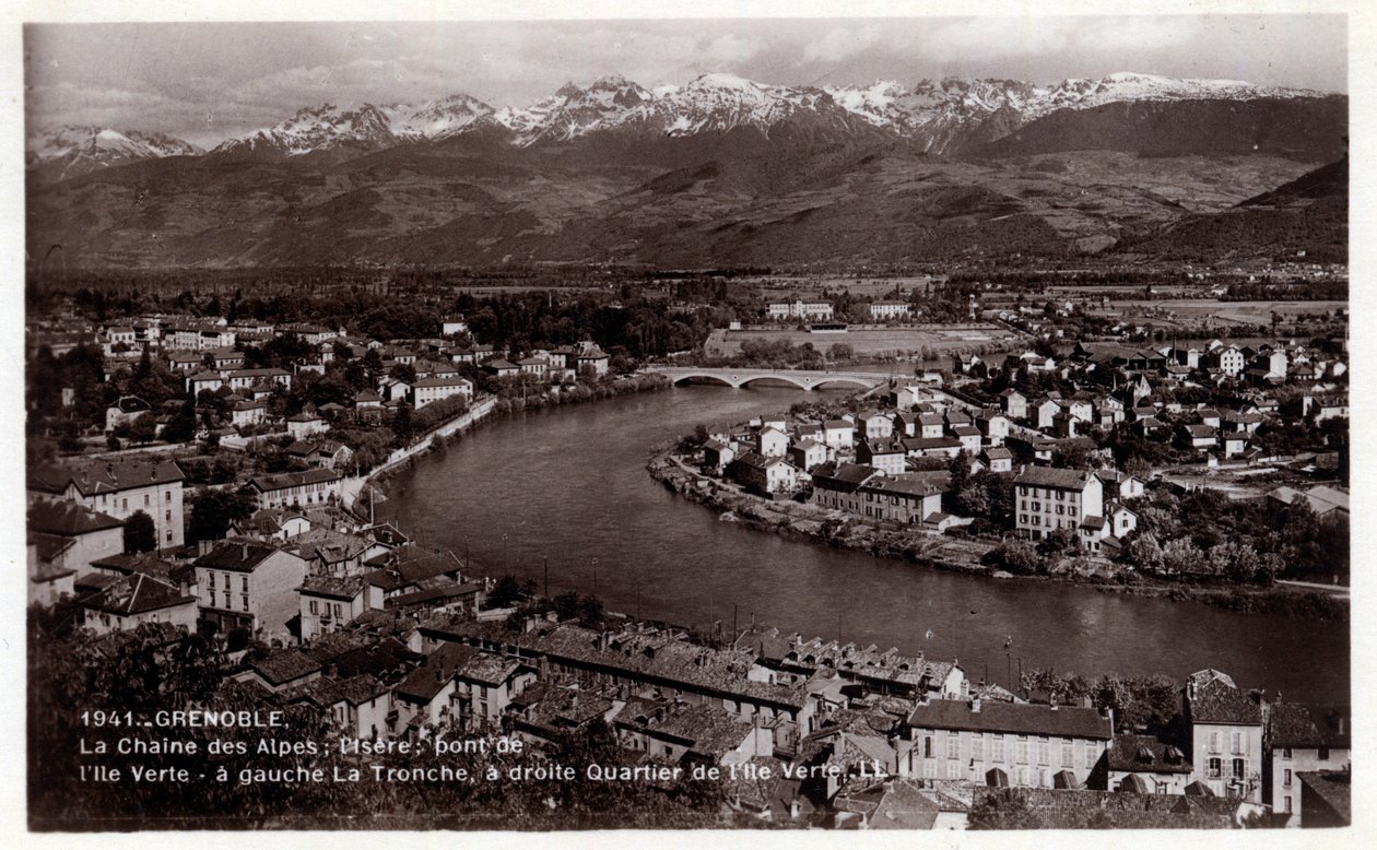 Rhone Alpes، Isere (38)، Grenoble: سلسلة جبال الألب ، Isere ، جسر Ile Verte ، على اليسار La Tronche ، على اليمين مقاطعة Ile Verte - بطاقة بريدية بتاريخ 1930-1939 بواسطة فنان غير معروف