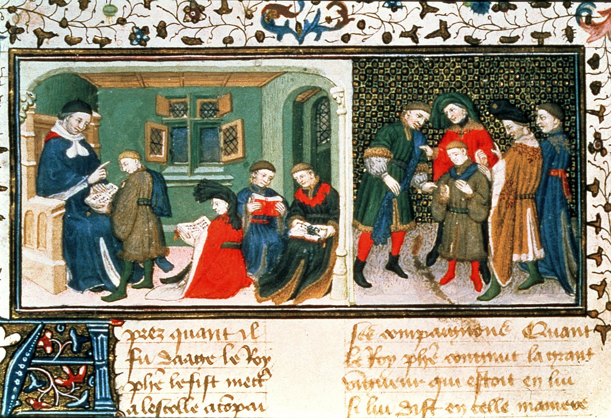 Roy 17 E III f.209r الماجستير والتلاميذ ، من "Des Proprietez des Choses" بواسطة Bartholomaeus Anglicus (رق) بواسطة فنان غير معروف