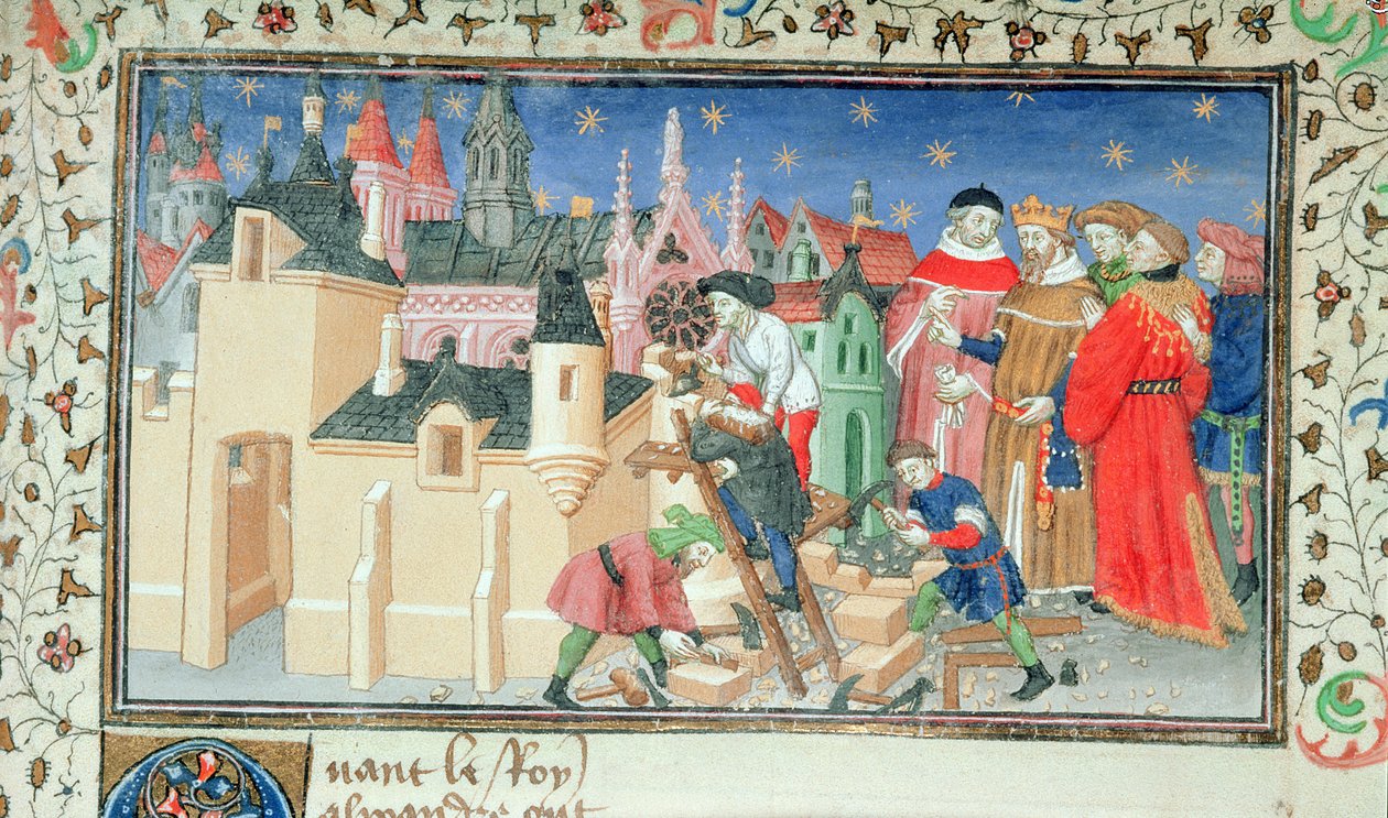 Roy 20 BXX f.82 الإسكندر الأكبر يبني مدينة كنصب تذكاري لبوسيفالوس من `` Historia de Procliis 