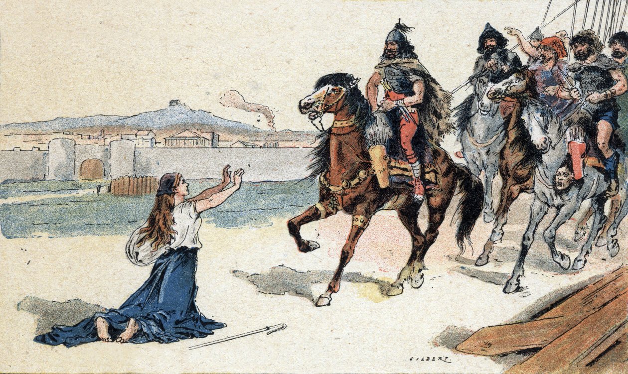 القديس جينيفيف (422-502) قبل ملك الهون أتيلا - الغزوات البربرية - رسم لكاميل جيلبرت عام 1890 (نقش) بواسطة غير معروف