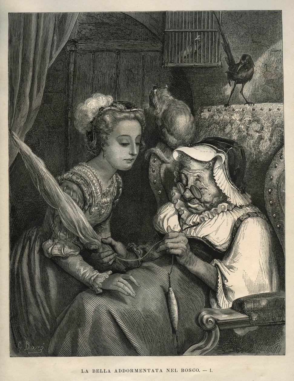 الجمال النائم: تكتشف الأميرة امرأة عجوز تغزل الصوف. نقش لغوستاف دوري (1832-1883) من "" Les contes "لتشارلز بيرولت (1628-1703) بواسطة غير معروف