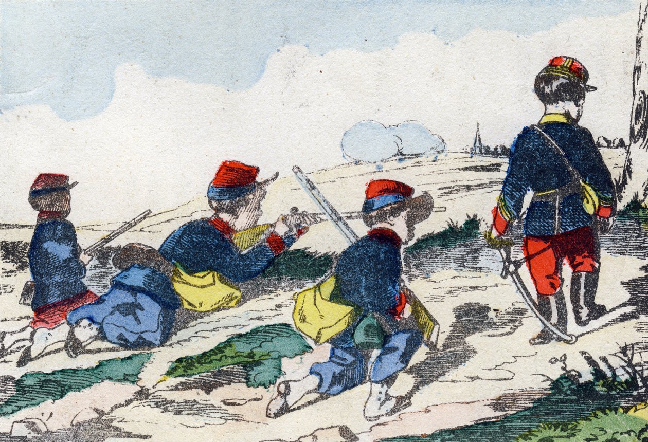 القناصة. نقش في "الأبجدية العسكرية الطفولية". صور Pont-a-Mousson ، حوالي عام 1890. 20 صفحة. قاتمة: 28.5x21 سم بواسطة غير معروف