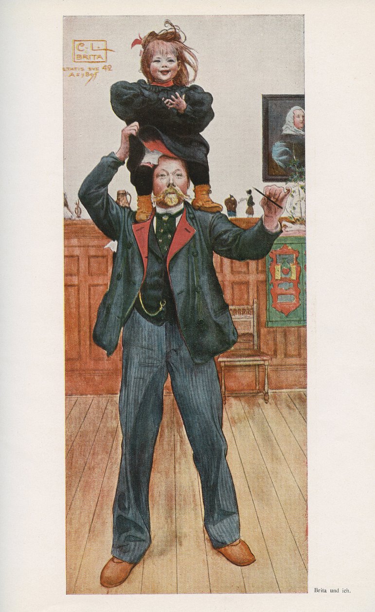 الرسام السويدي كارل لارسون (1853-1919) مع ابنته بريتا. لوحة مائية من "" Das haus in der sonne "" 1921 بواسطة غير معروف