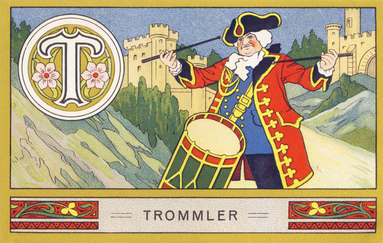 T: طبول - Alphabet Palmin. سلسلة من المطبوعات الحجرية الملونة تم تحريرها بواسطة H. Schlinck & Cie، Hamburg، sd. الإعلان عن Palmin feinstes Cocosfett. الأبعاد: ٧ × ١١ سم بواسطة فنان غير معروف