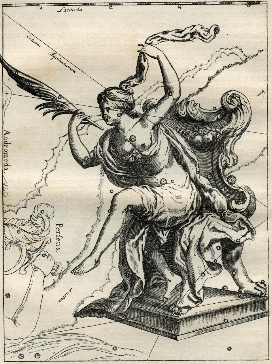 كاسيوبي في أطلس هيفيليوس (1690): كاسيوبي ، زوجة الملك الإثيوبي سيفي ، جالسة على كرسي بذراعين مزين بأشجار النخيل. نقش من "Les étoiles et les autres curiosites du ciel" لكاميل فلاماريون بواسطة غير معروف