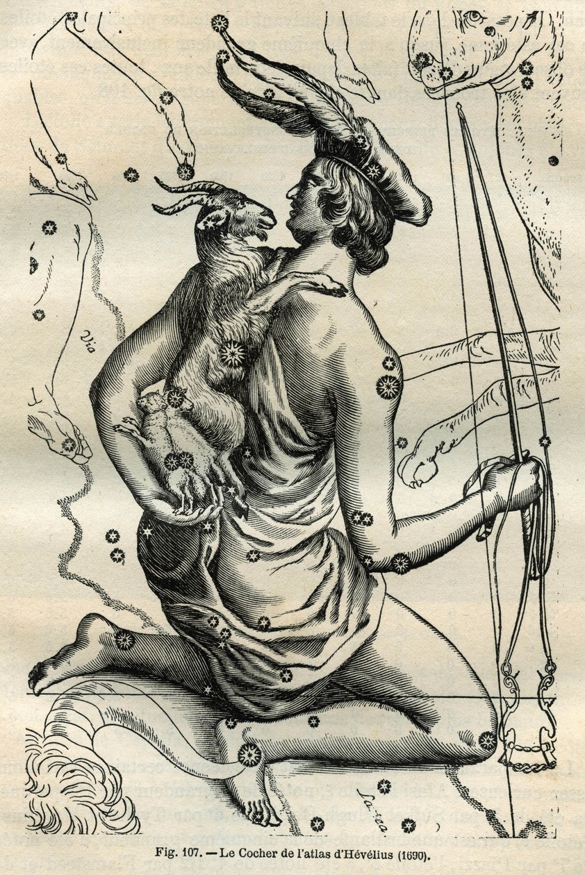 The Coach of the Atlas of Hevelius (1690): تعتبر كوكبة المدرب ، التي تحمل في اليد اليمنى سوطًا ورينيس وعلى الذراع اليسرى شيفر واثنين من الشيفرال ، واحدة من أقدم الأبراج في المجال اليوناني. نقش من "Les ét بواسطة غير معروف