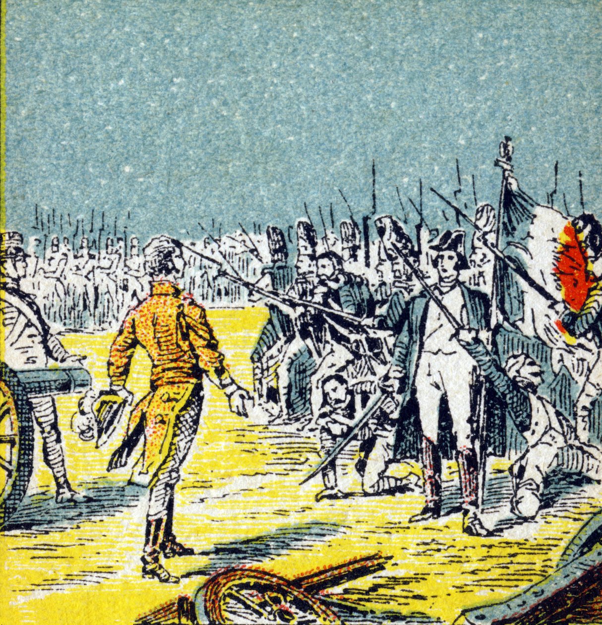 مائة يوم: هزيمة نابليون الأول بونابرت إلى واترلو في عام 1815. نقش في "هيستوار دو فرانس". سلسلة من الصور الإعلانية نُشرت نيابة عن لويت ، 24 شارع دي إيسين- أ-بوردو ، حوالي عام 1920. الحجم الإجمالي للصورة: 7.8 x5.5 سم. بواسطة غير معروف
