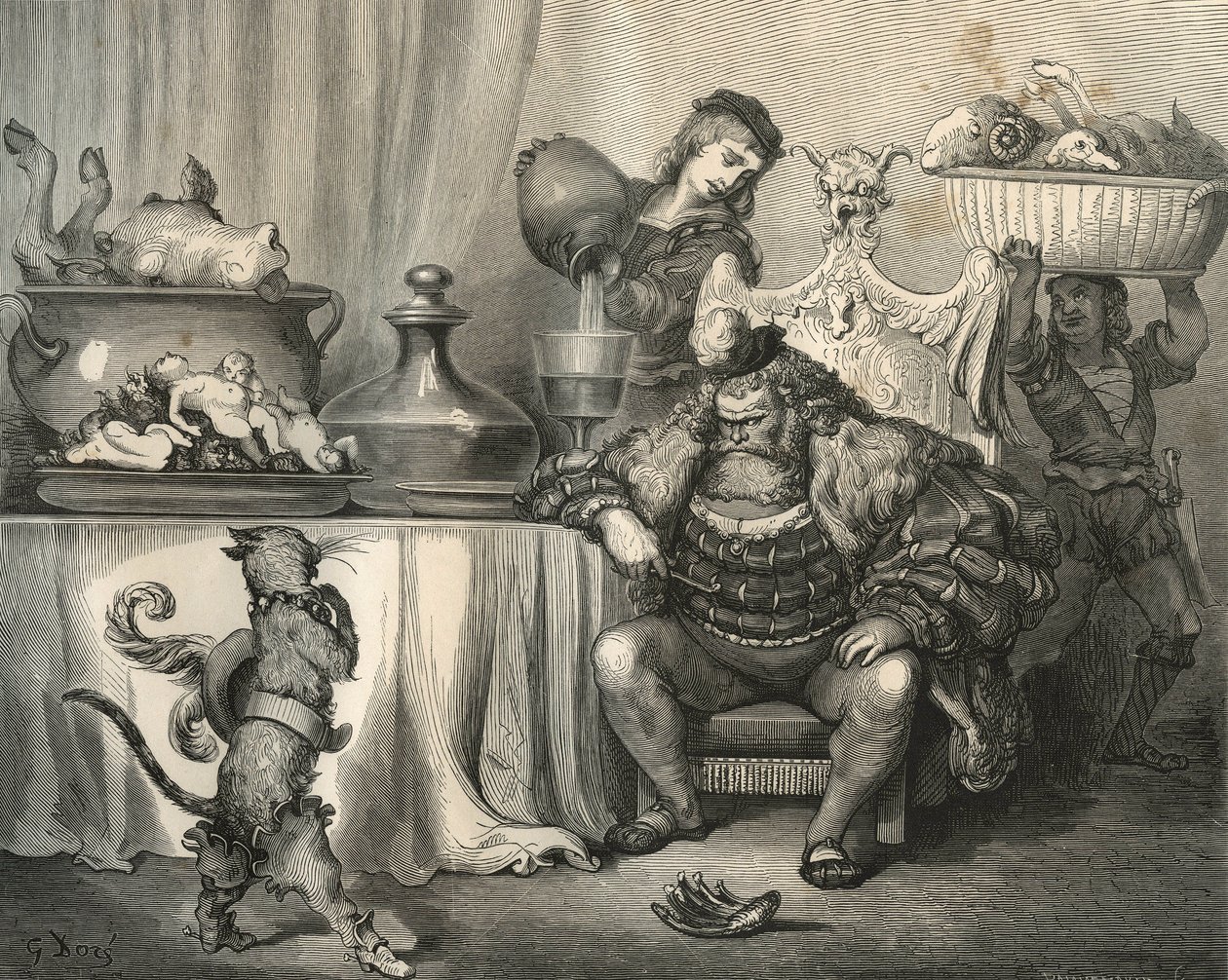 يلتقي قط التمهيد بالغول. نقش لغوستاف دوري (1832-1883) من "" Les contes "لتشارلز بيرولت (1628-1703) بواسطة غير معروف