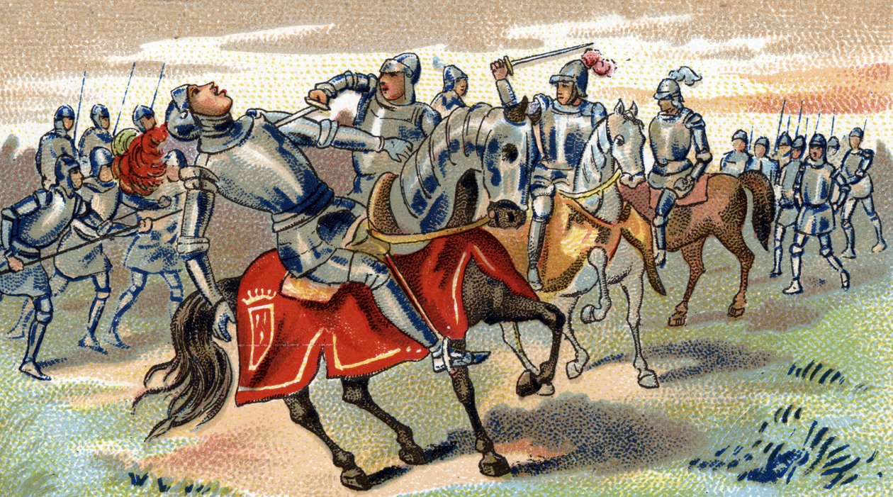 وفاة جون تالبوت الذي قُتل في معركة كاستيلون (1453) ، أواخر القرن التاسع عشر (الطباعة الحجرية الملونة) بواسطة فنان غير معروف