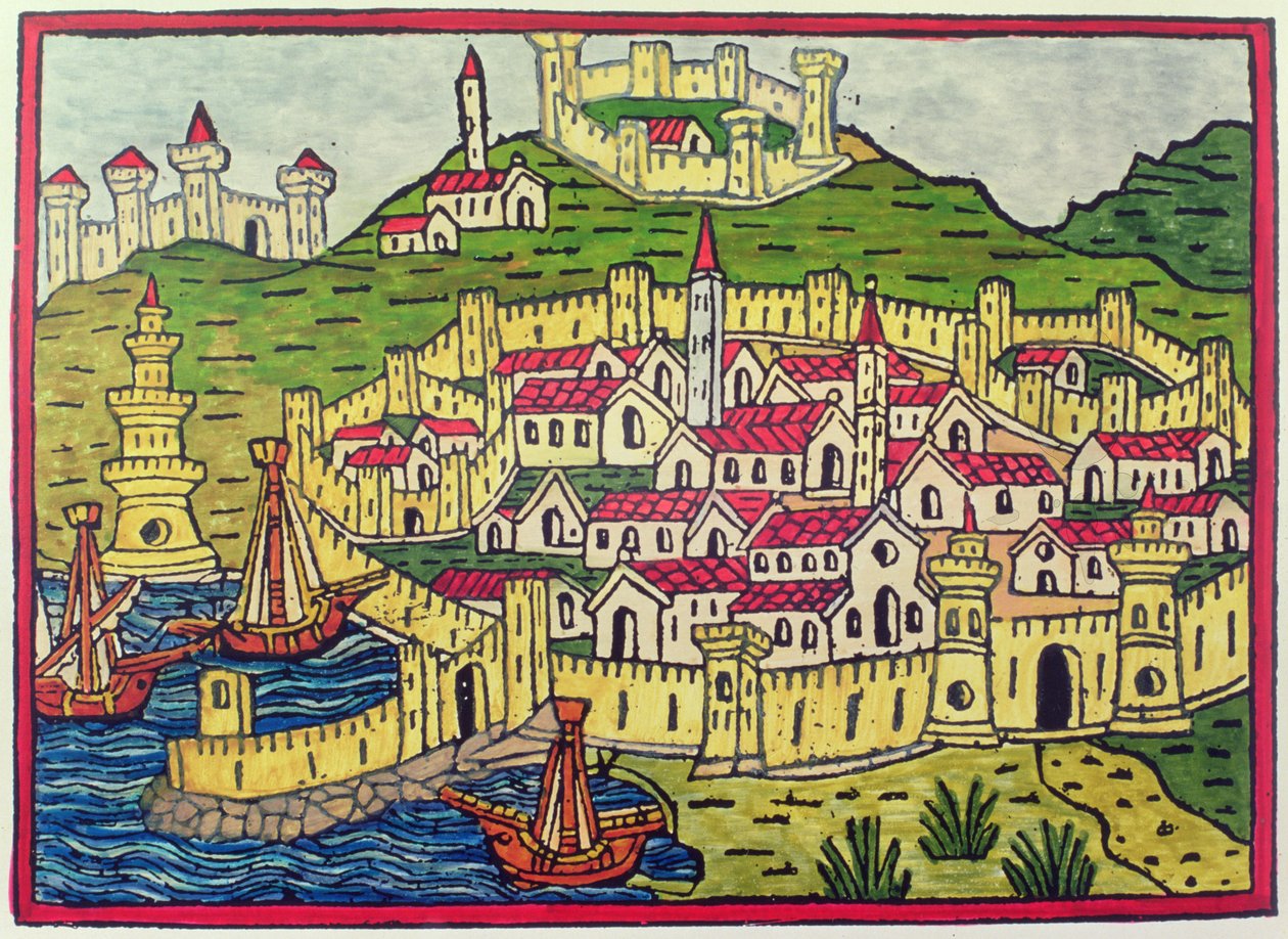 ميناء ومدينة نابولي في عام 1482 ، من "Cosmographia Universalis" (طباعة خشبية) بواسطة فنان غير معروف