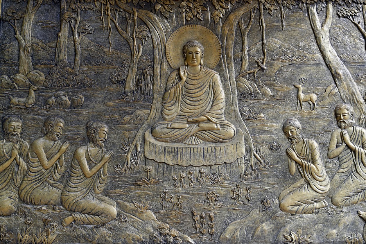 Tinh Xa Ngoc Chau Buddhist temple, The Life of the Buddha, Siddhartha Gautama, The Buddha preached His first sermon to the five monks at the Deer Park in Varanasi, Chau Doc, Vietnam, 2018 (photo) بواسطة غير معروف