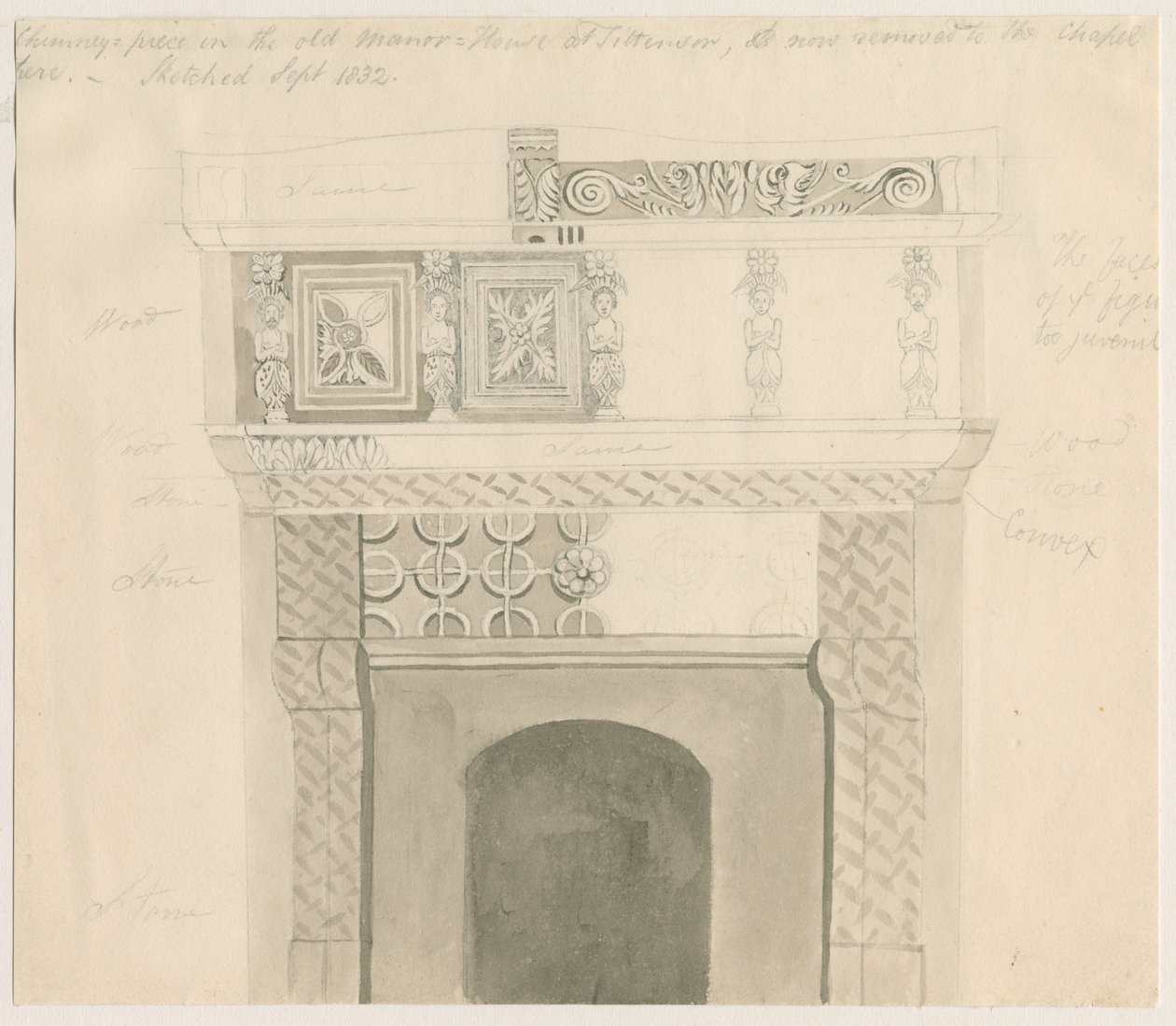 Tittensor - قطعة مدخنة في Manor House: رسم بالقلم الرصاص وغسل ، سبتمبر 1832 بواسطة غير معروف