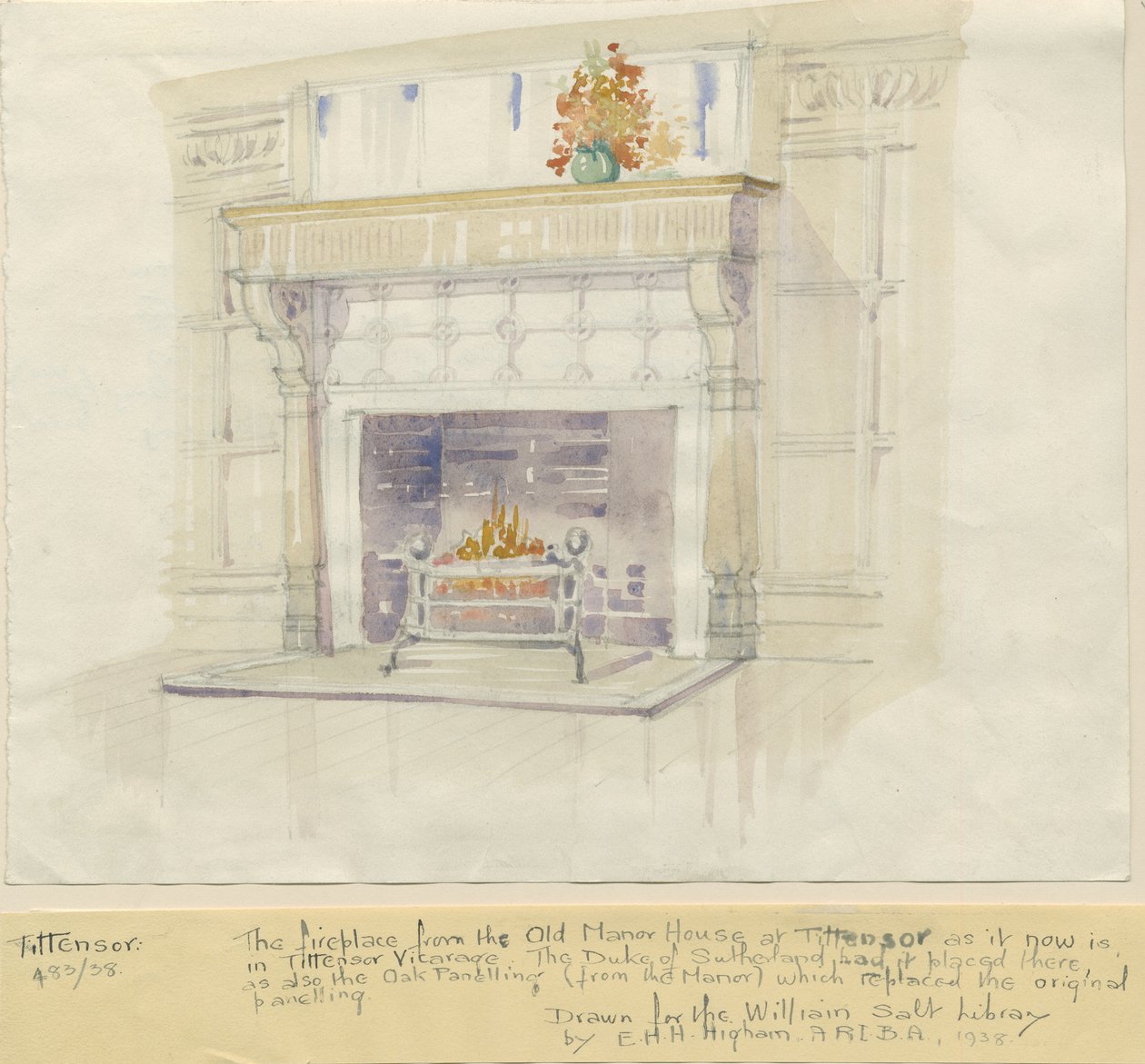 Tittensor - مدفأة من Manor House: الرسم بالألوان المائية ، 1938 بواسطة غير معروف