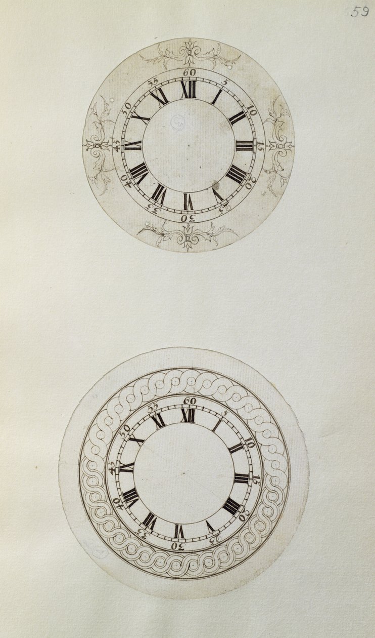 Two designs for large enamel watch dials, from mechanical notes and drawings compiled by John Harrison (1693-1776) and his son William (c.1726-72) (pen and ink on paper) بواسطة غير معروف