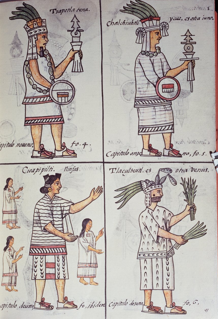 Tzapotlatena ، Chalchiuhtlatonal ، Cioapipitli و Tliltecuhtli ، Florentine Codex ، نسخة ثنائية اللغة باللغتين الإسبانية و Nahuatl ، التاريخ العام لأشياء إسبانيا الجديدة (Historia general de las cosas de Nueva Espana) ، Aztec بواسطة فنان غير معروف