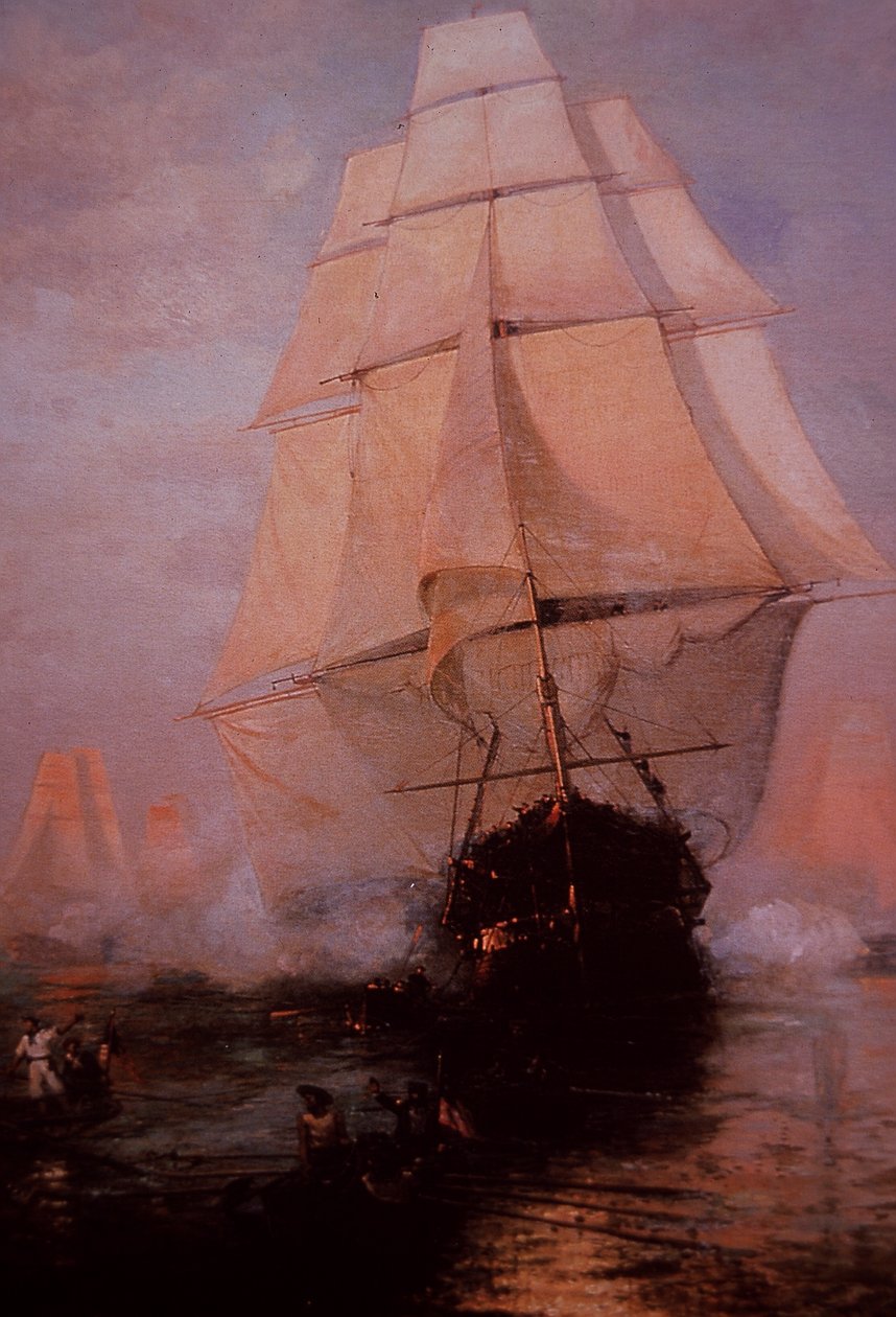USS Constitution escaping the British (colour litho) بواسطة جان كورنيليس وودانوس