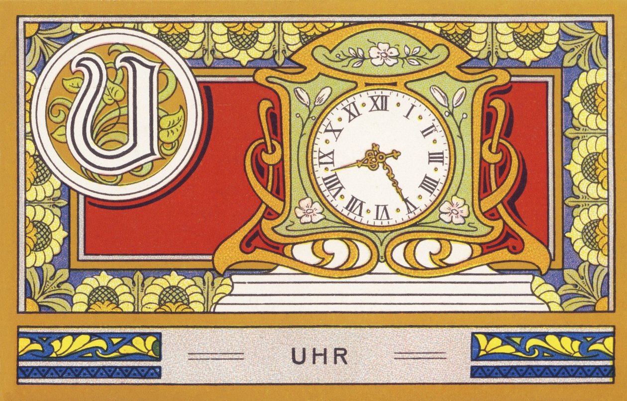 U: الساعة - النخلة الأبجدية. سلسلة من المطبوعات الحجرية الملونة تم تحريرها بواسطة H. Schlinck & Cie ، Hamburg ، p. د. . إعلان عن أجود أنواع زيت جوز الهند من Palmin. الأبعاد: ٧ × ١١ سم بواسطة فنان غير معروف