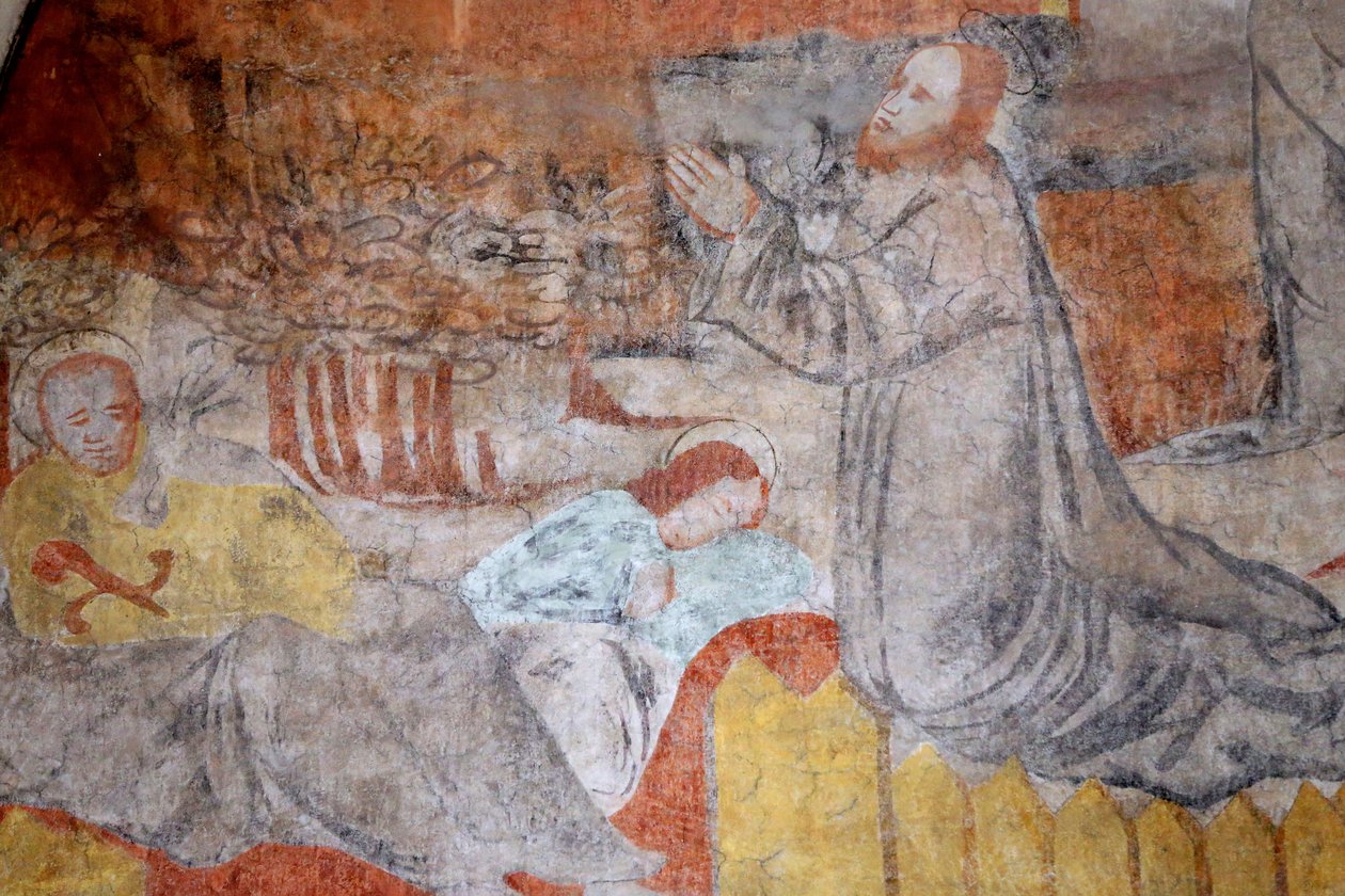 كنيسة Vault de Lugny. لوحة جدارية من القرن السادس عشر. المسيح في آلامه. جثسيماني ، صلى يسوع ، في غضون ذلك ، استراح التلاميذ. فرنسا Â بواسطة غير معروف