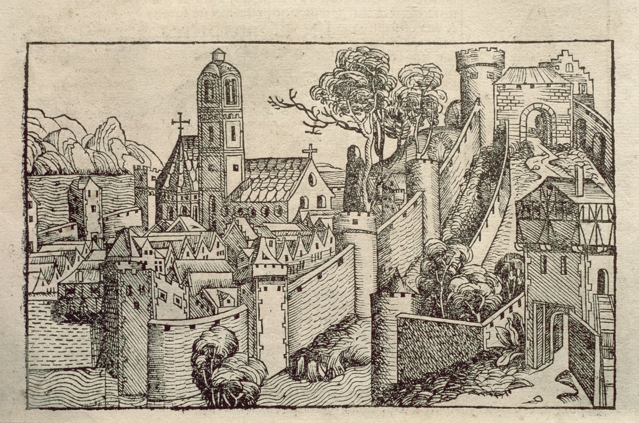 منظر لمدينة الإسكندرية القديمة من كتاب من النقوش بعنوان "Liber Chronicarum" بقلم هـ. شيدل بواسطة فنان غير معروف