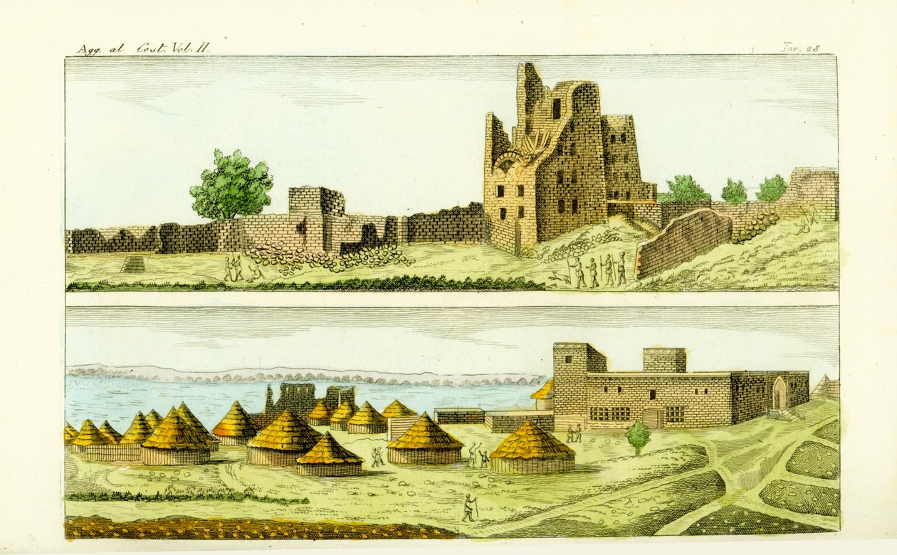 منظر لمسجد ومنازل في سنار بالسودان (أسفل) وأطلال منزل فونج ملك سنار (أعلى) على النيل الأزرق بواسطة غير معروف