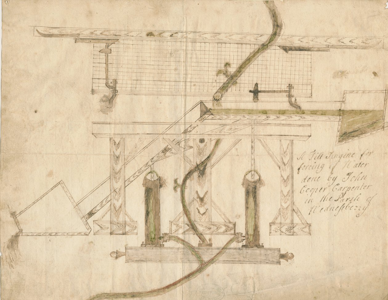 Wednesbury - محرك إمالة: رسم بالقلم والحبر ، بدون تاريخ [c 1710] بواسطة غير معروف