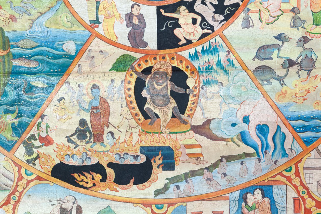 عجلة الحياة ، التفاصيل ، الرسم على الحائط في وات أومونج ، شيانغ ماي ، تايلاند بواسطة فنان غير معروف