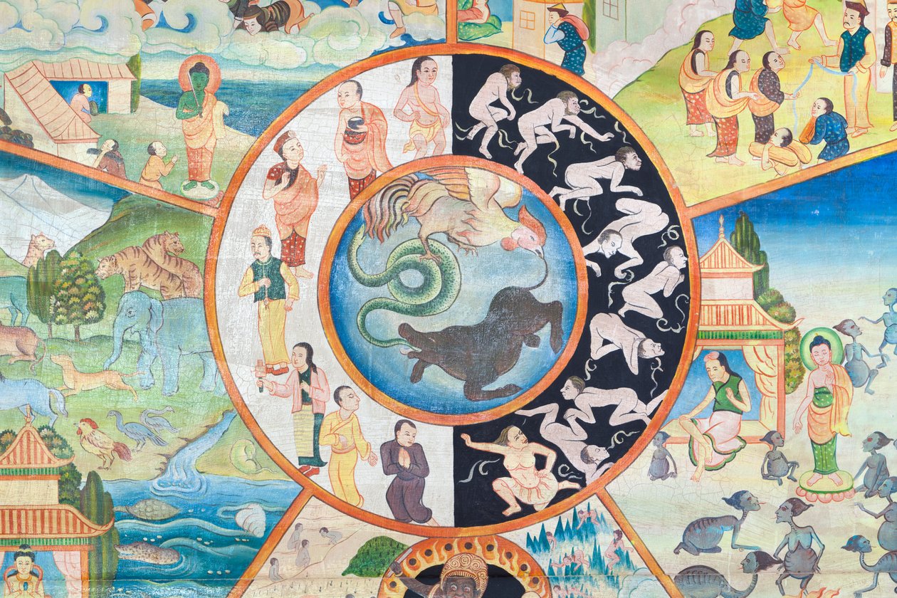 عجلة الحياة ، التفاصيل ، الرسم على الحائط في وات أومونج ، شيانغ ماي ، تايلاند بواسطة فنان غير معروف
