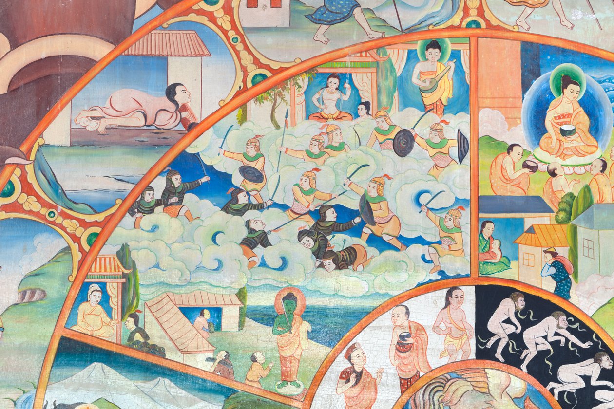 عجلة الحياة ، التفاصيل ، الرسم على الحائط في وات أومونج ، شيانغ ماي ، تايلاند بواسطة فنان غير معروف