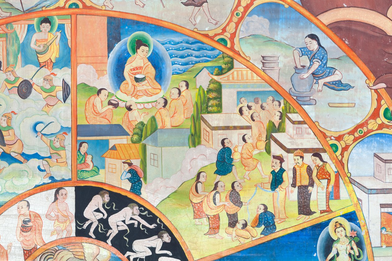 عجلة الحياة ، التفاصيل ، الرسم على الحائط في وات أومونج ، شيانغ ماي ، تايلاند بواسطة فنان غير معروف